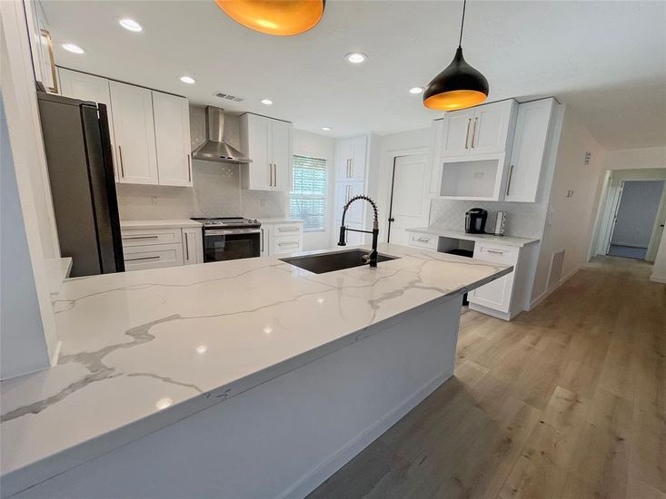 Interior, Kitchen, Pendant Lights, Recessed Lighting, Stainless Steel Appliances, Wood Texture Flooring
