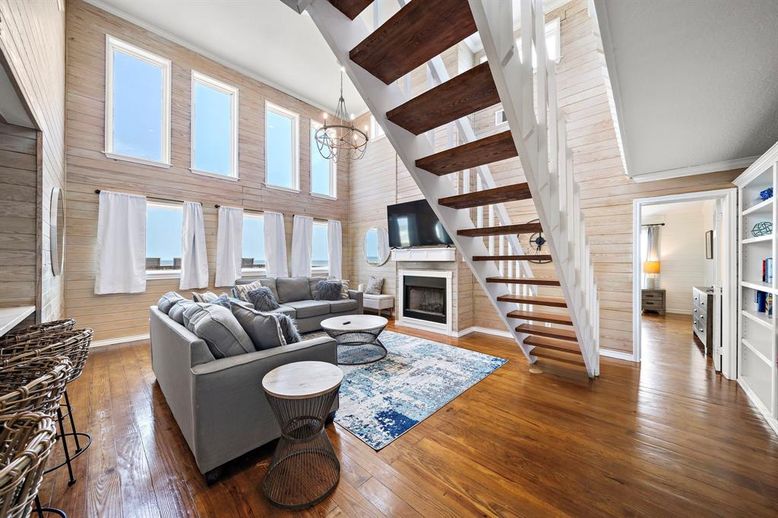 Chandelier, Fireplace, Interior, Living room, Wooden Beams, Wood Texture Flooring, Wooden Walls