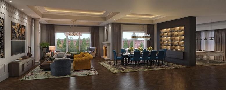 Chandelier, Dining room, Fireplace, Interior, Living room, Pendant Lights, Recessed Lighting, Wood Texture Flooring