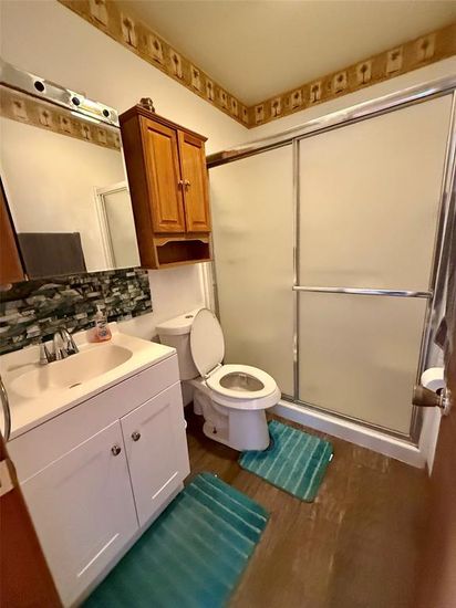 Bathroom, Glass Shower, Interior, Wood Texture Flooring