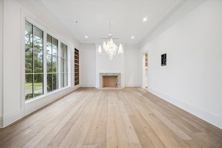 Chandelier, Empty room, Fireplace, Interior, Recessed Lighting, Wood Texture Flooring