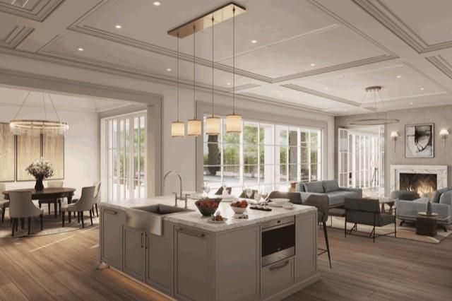 Dining room, Fireplace, Interior, Living room, Pendant Lights, Recessed Lighting, Wood Texture Flooring