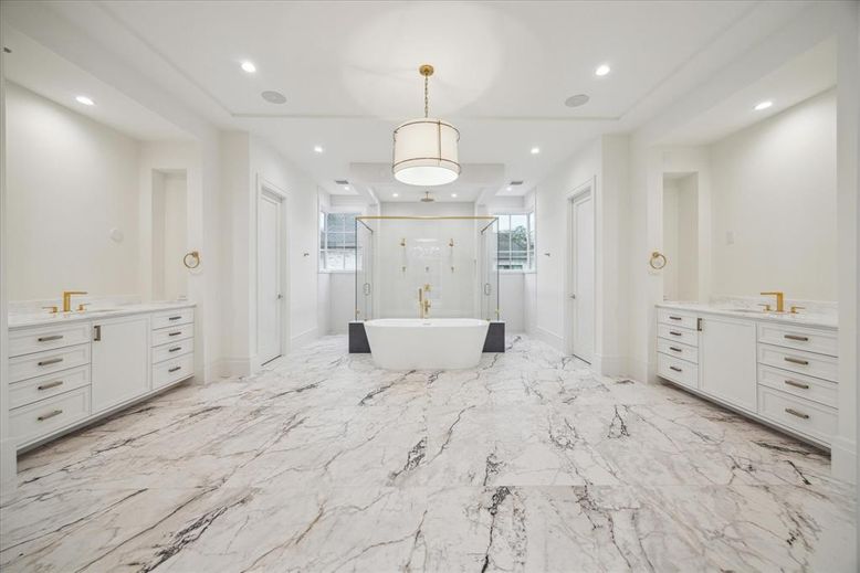 Bathroom, Dual Sink Vanities, Free Standing Baths, Glass Shower, Interior, Marble, Pendant Lights, Recessed Lighting