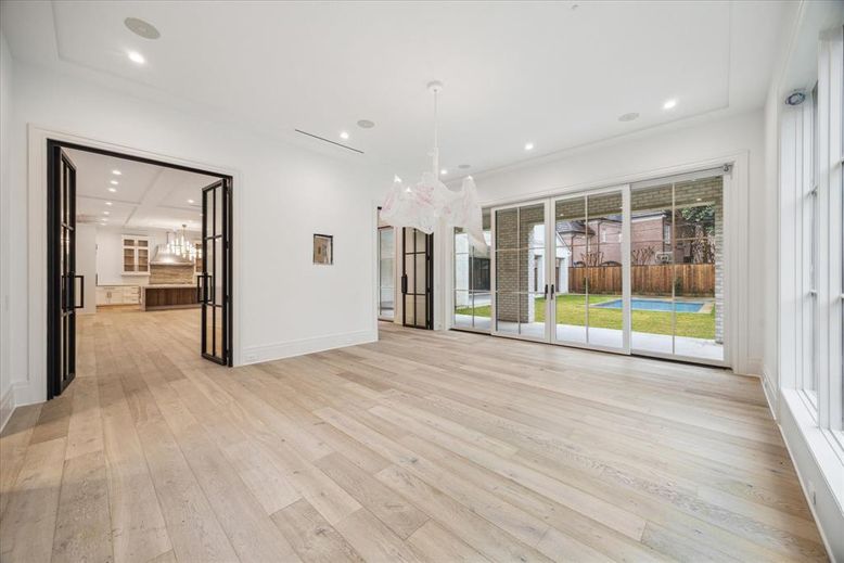 Chandelier, Empty room, Interior, Pendant Lights, Recessed Lighting, Wood Texture Flooring