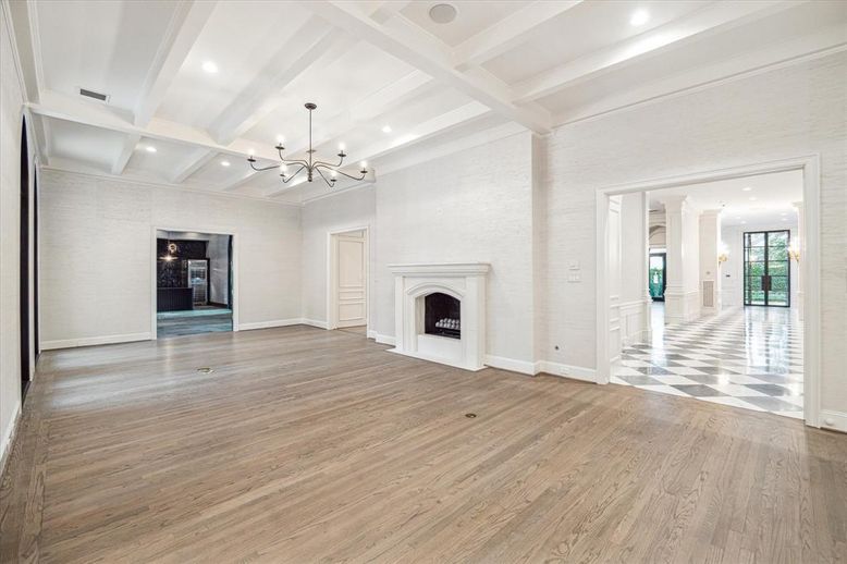 Empty room, Fireplace, Interior, Pendant Lights, Recessed Lighting, Wood Texture Flooring