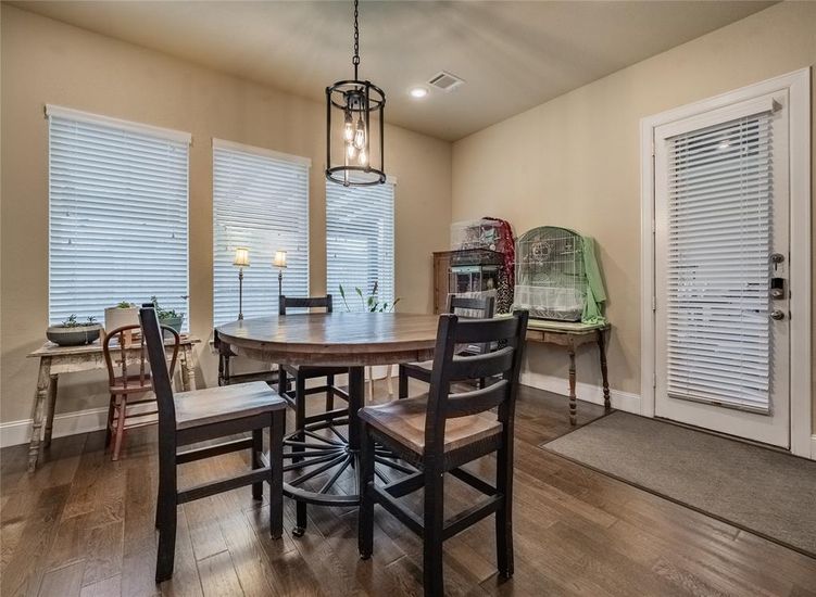 Dining room, Interior, Pendant Lights, Recessed Lighting, Wood Texture Flooring