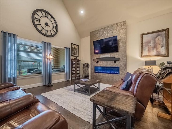 Fireplace, Interior, Living room, Recessed Lighting, Wood Texture Flooring