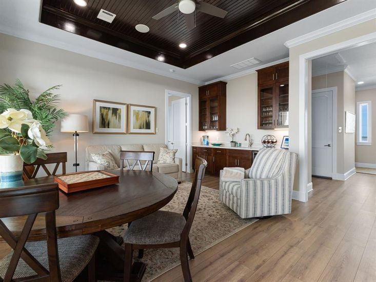 Dining room, Interior, Living room, Recessed Lighting, Wood Texture Flooring