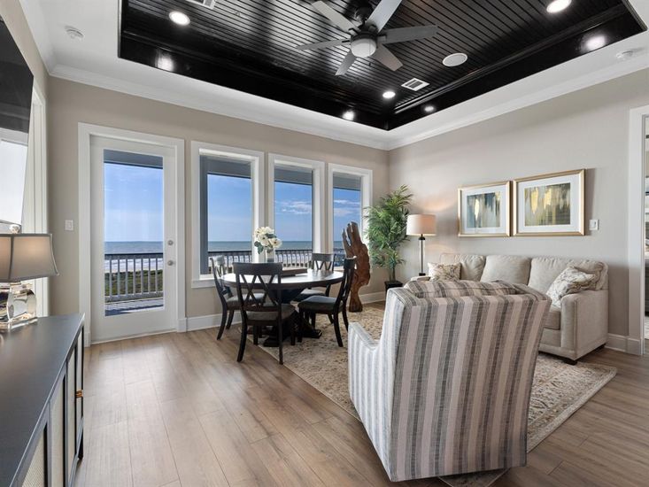 Dining room, Interior, Living room, Recessed Lighting, Water, Wood Texture Flooring