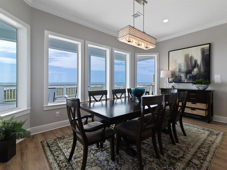 Dining room, Interior, Pendant Lights, Recessed Lighting, Water, Wood Texture Flooring