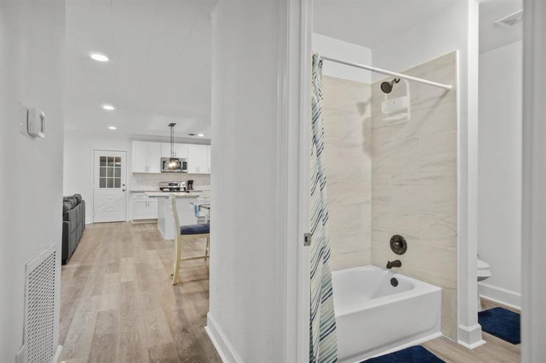 Bathroom, Interior, Kitchen, Marble Walls, Pendant Lights, Recessed Lighting, Wood Texture Flooring