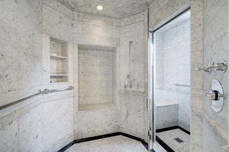 Bathroom, Glass Shower, Interior, Marble Walls, Recessed Lighting