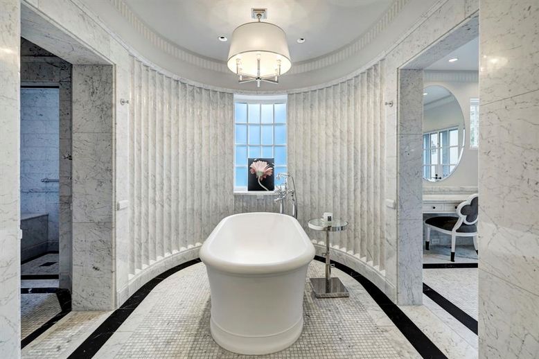 Bathroom, Free Standing Baths, Interior, Marble Walls, Recessed Lighting