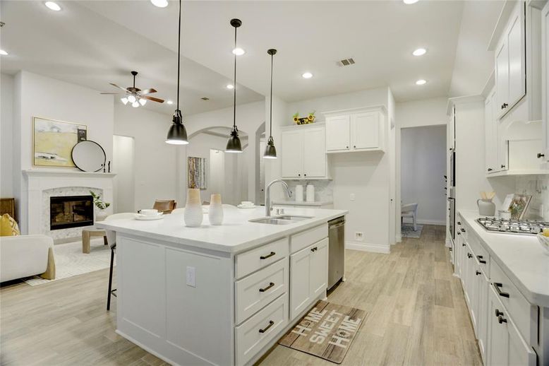 Fireplace, Interior, Kitchen, Pendant Lights, Recessed Lighting, Wood Texture Flooring