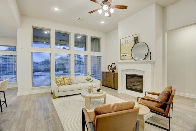 Fireplace, Interior, Living room, Recessed Lighting, Wood Texture Flooring