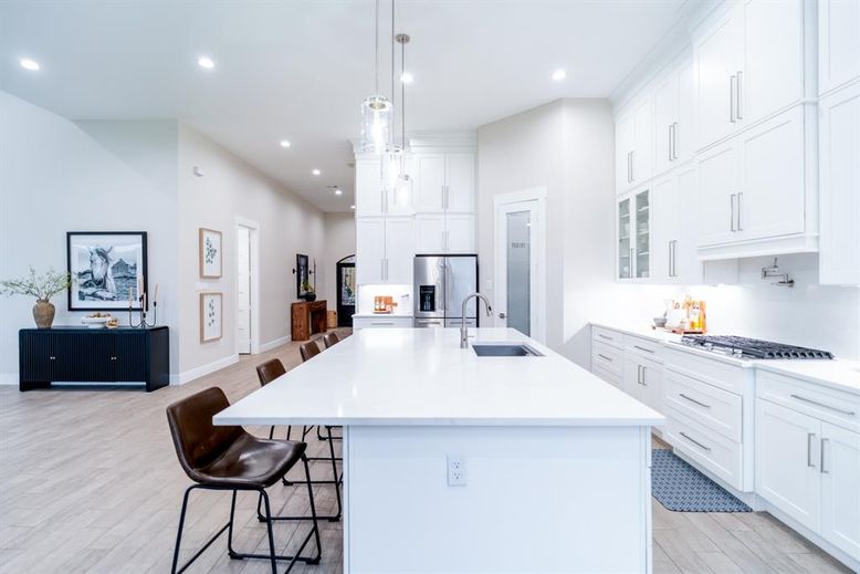 Interior, Kitchen, Pendant Lights, Recessed Lighting, Stainless Steel Appliances, Wood Texture Flooring