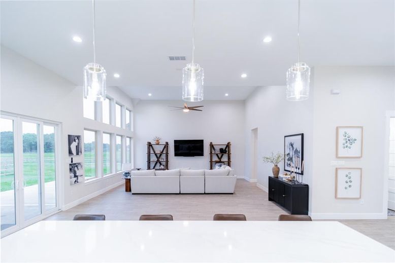 Interior, Living room, Pendant Lights, Recessed Lighting, Wood Texture Flooring