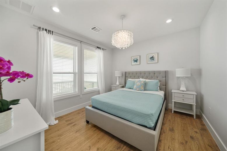 Bedroom, Chandelier, Interior, Recessed Lighting, Wood Texture Flooring