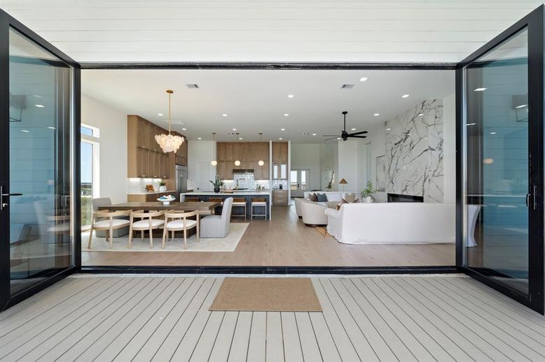 Dining room, Interior, Kitchen, Living room, Marble Walls, Pendant Lights, Recessed Lighting, Wood Texture Flooring