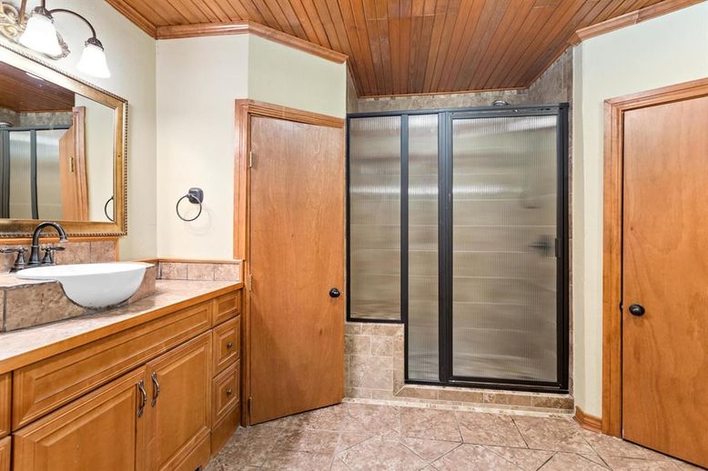 Bathroom, Glass Shower, Interior, Tile Countertops, Wooden Ceilings
