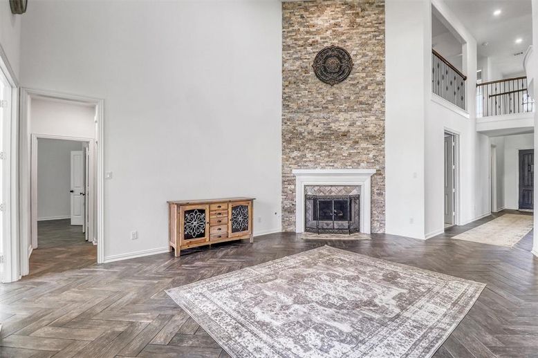 Fireplace, Interior, Recessed Lighting, Stone Walls, Wood Texture Flooring