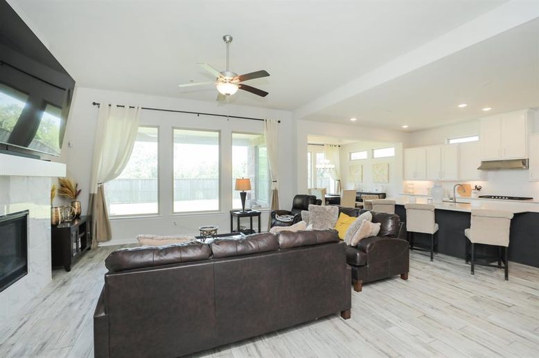 Fireplace, Interior, Kitchen, Living room, Pendant Lights, Recessed Lighting, Wood Texture Flooring