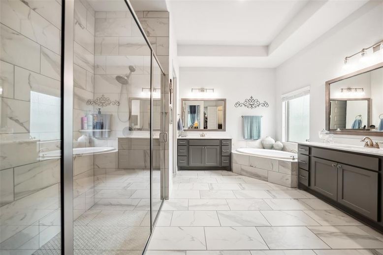 Bathroom, Dual Sink Vanities, Glass Shower, Interior, Marble, Marble Walls