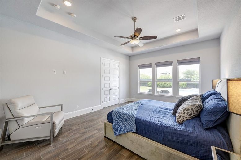 Bedroom, Interior, Recessed Lighting, Wood Texture Flooring