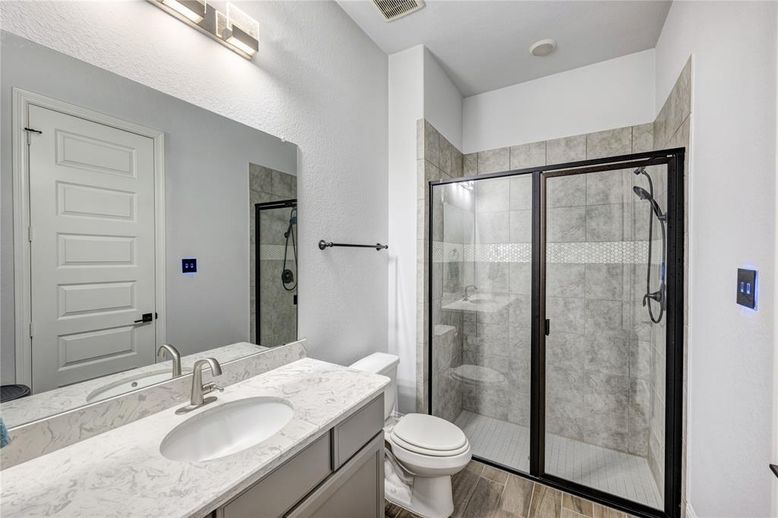 Bathroom, Glass Shower, Interior, Wood Texture Flooring