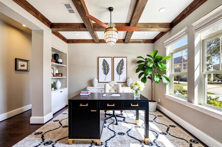 Chandelier, Home Office, Interior, Recessed Lighting, Wooden Beams, Wood Texture Flooring