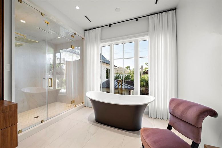Bathroom, Free Standing Baths, Glass Shower, Interior, Marble, Marble Walls, Recessed Lighting