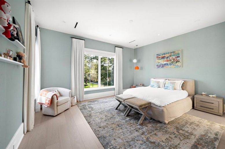 Bedroom, Interior, Pendant Lights, Recessed Lighting, Wood Texture Flooring