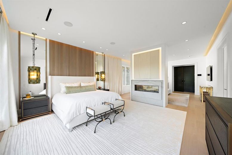 Bedroom, Fireplace, Interior, Pendant Lights, Recessed Lighting, Wood Texture Flooring