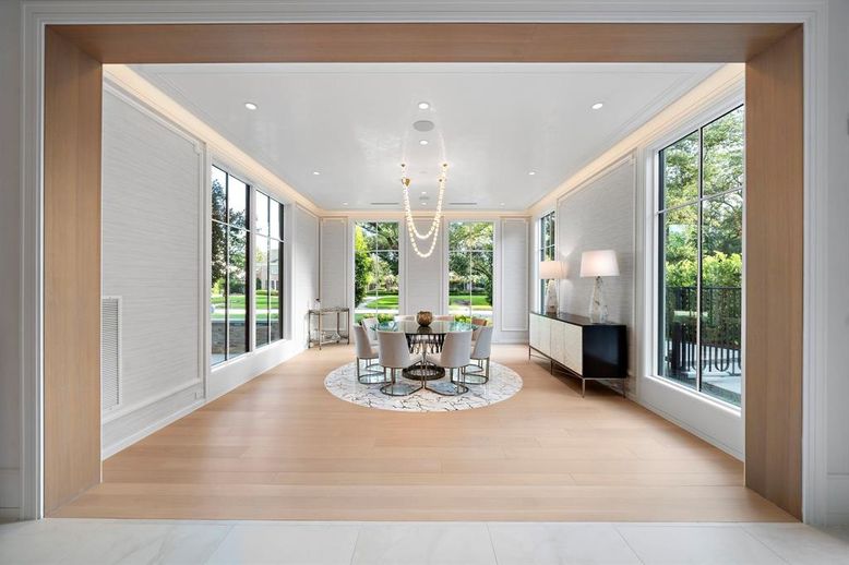 Dining room, Interior, Pendant Lights, Recessed Lighting, Wood Texture Flooring