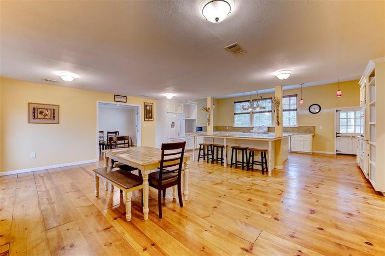 Dining room, Interior, Kitchen, Pendant Lights, Wood Texture Flooring
