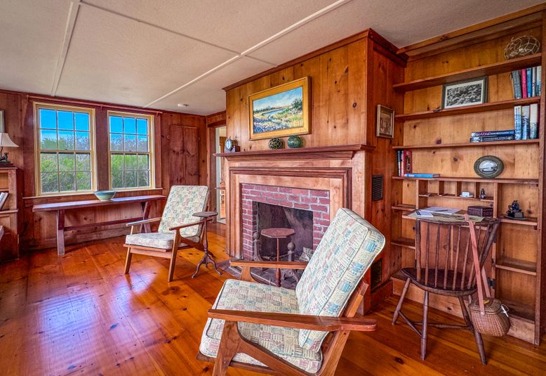 Fireplace, Home Office, Interior, Wood Texture Flooring, Wooden Walls