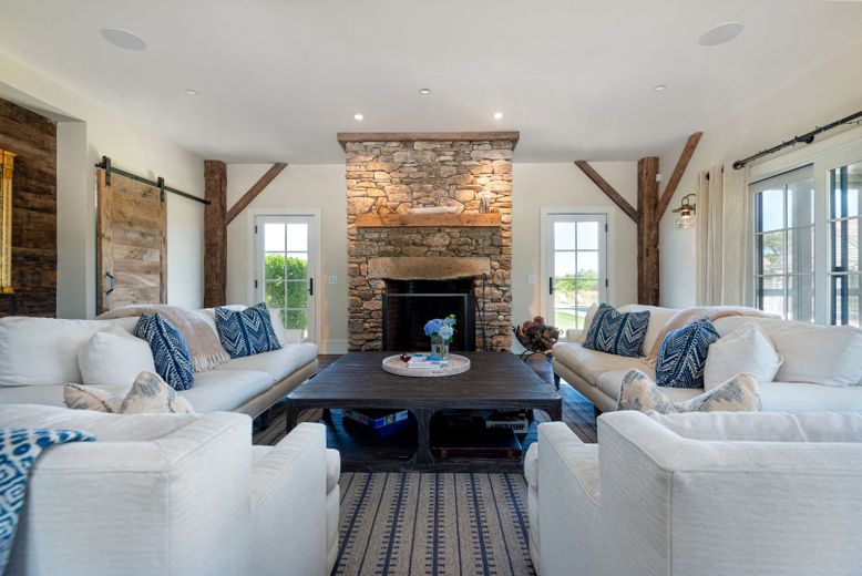 Fireplace, Interior, Living room, Recessed Lighting, Stone Walls