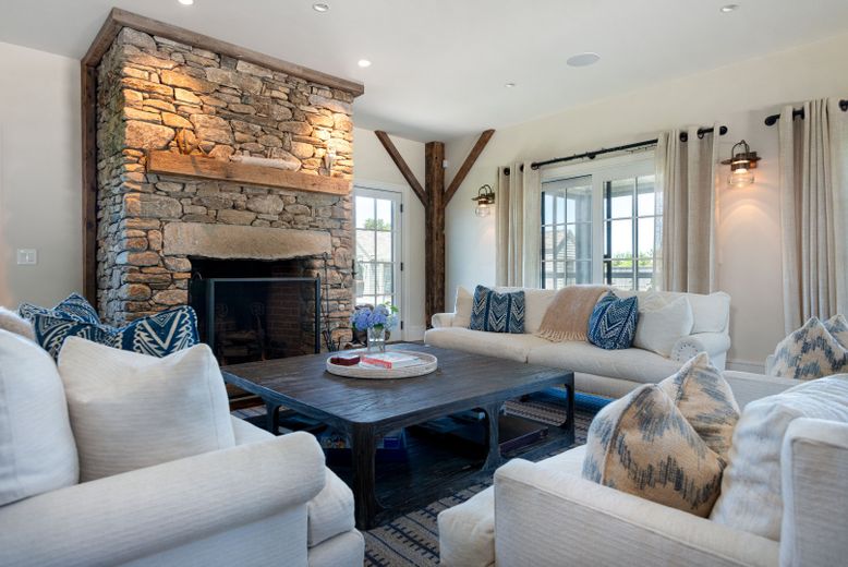 Dining room, Fireplace, Interior, Living room, Recessed Lighting, Stone Walls