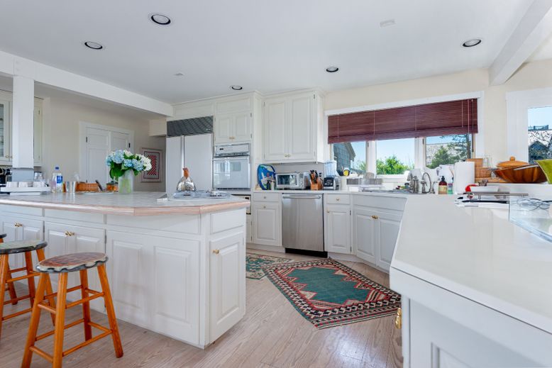 Interior, Kitchen, Recessed Lighting, Stainless Steel Appliances, Tile Countertops, Wood Texture Flooring