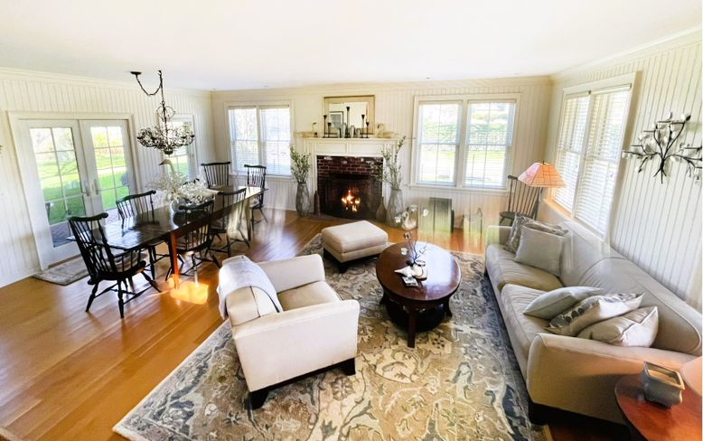 Chandelier, Dining room, Fireplace, Interior, Living room, Wood Texture Flooring