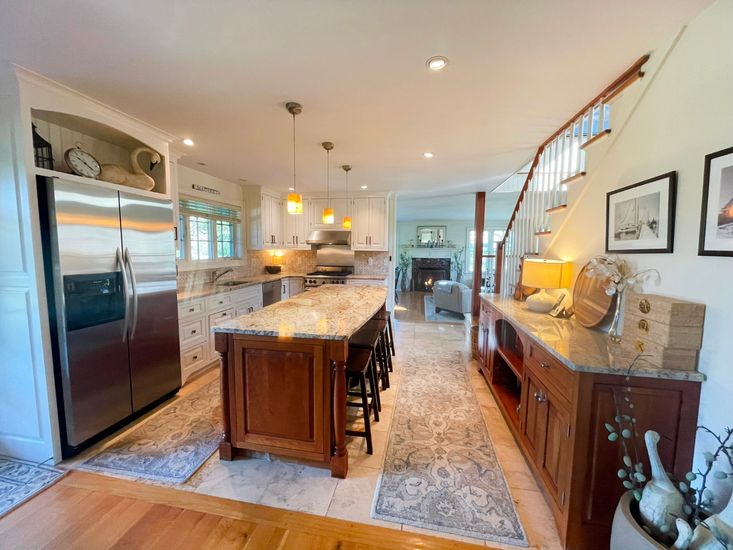 Fireplace, Interior, Kitchen, Pendant Lights, Recessed Lighting, Stainless Steel Appliances, Wood Texture Flooring