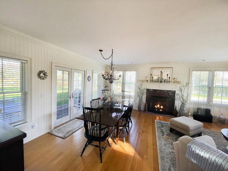 Chandelier, Dining room, Fireplace, Interior, Living room, Wood Texture Flooring