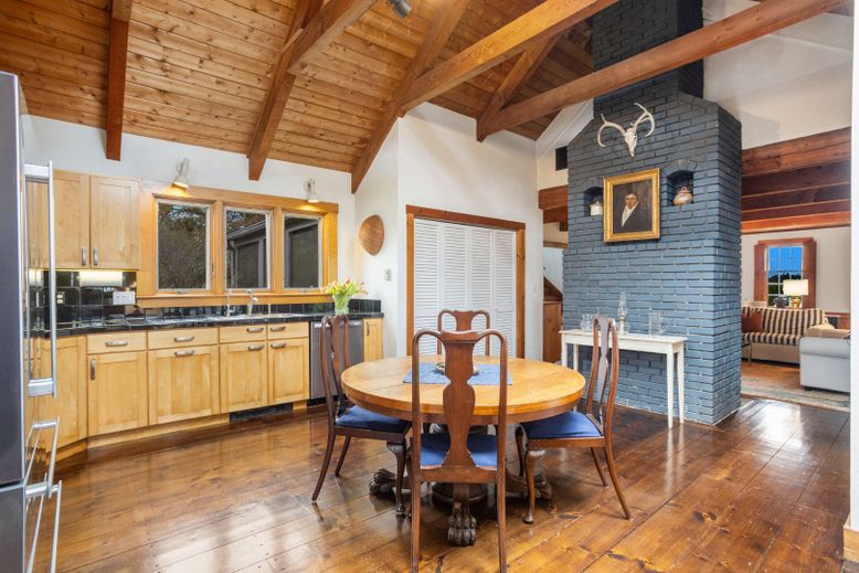Dining room, Fireplace, Interior, Kitchen, Stone Walls, Wooden Beams, Wooden Ceilings, Wood Texture Flooring