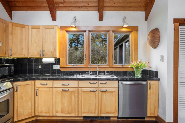 Interior, Kitchen, Stainless Steel Appliances, Tile Countertops, Wooden Beams