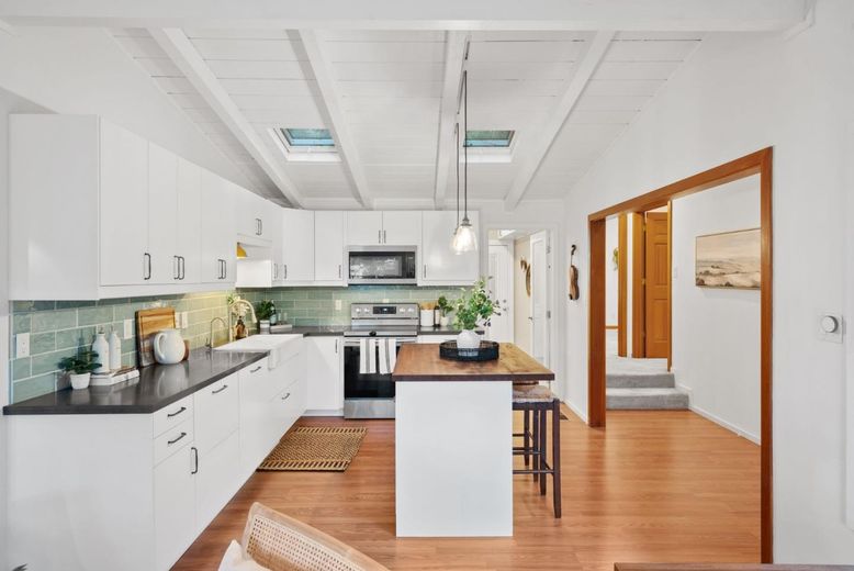 Interior, Kitchen, Pendant Lights, Stainless Steel Appliances, Wood Texture Flooring