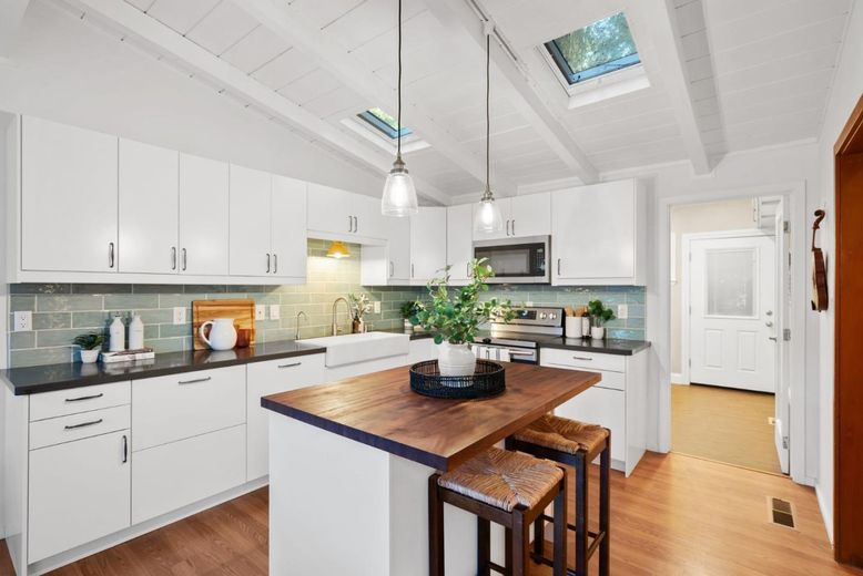 Interior, Kitchen, Pendant Lights, Stainless Steel Appliances, Wood Texture Flooring