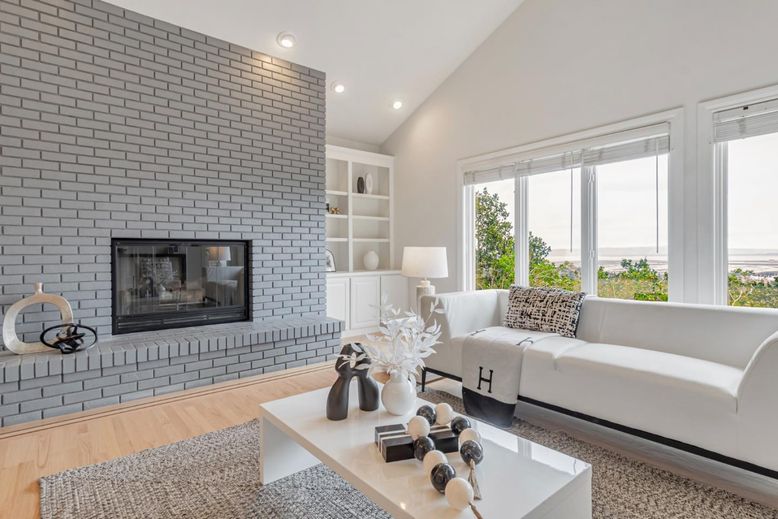 Fireplace, Interior, Living room, Recessed Lighting, Stone Walls, Wood Texture Flooring