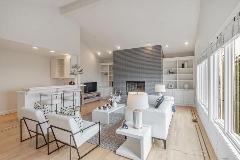 Fireplace, Interior, Living room, Recessed Lighting, Stone Walls, Wood Texture Flooring