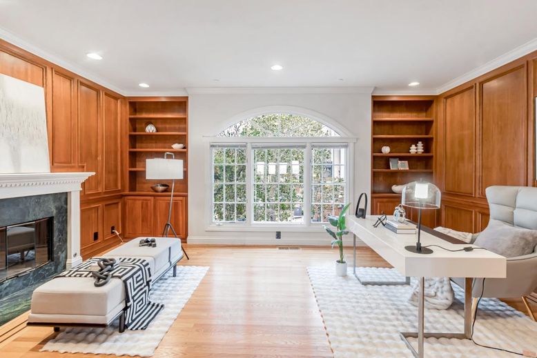Fireplace, Home Office, Interior, Recessed Lighting, Wood Texture Flooring, Wooden Walls