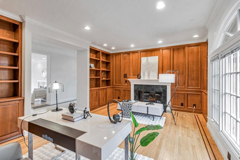 Fireplace, Home Office, Interior, Recessed Lighting, Wood Texture Flooring, Wooden Walls